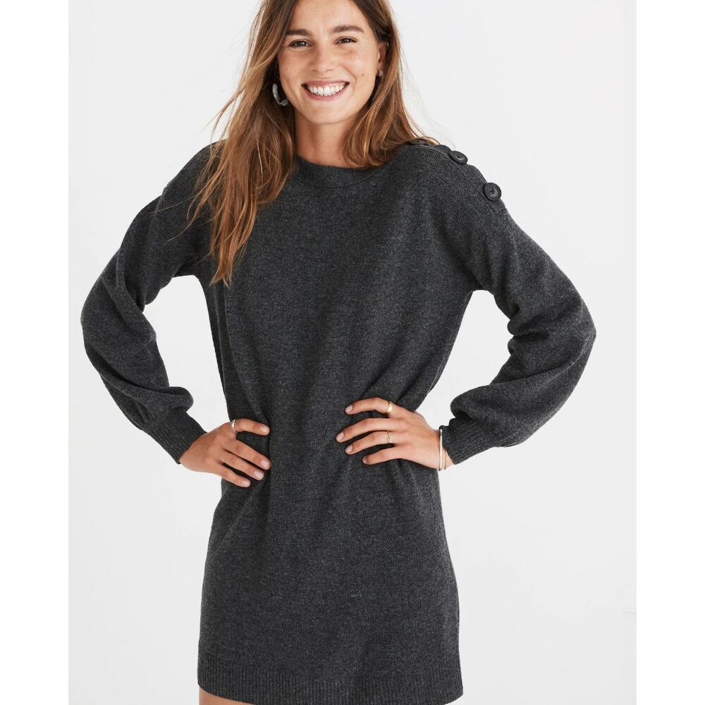 NWT Madewell Boatneck Button-Shoulder Sweater-Dress XS Charcoal Gray